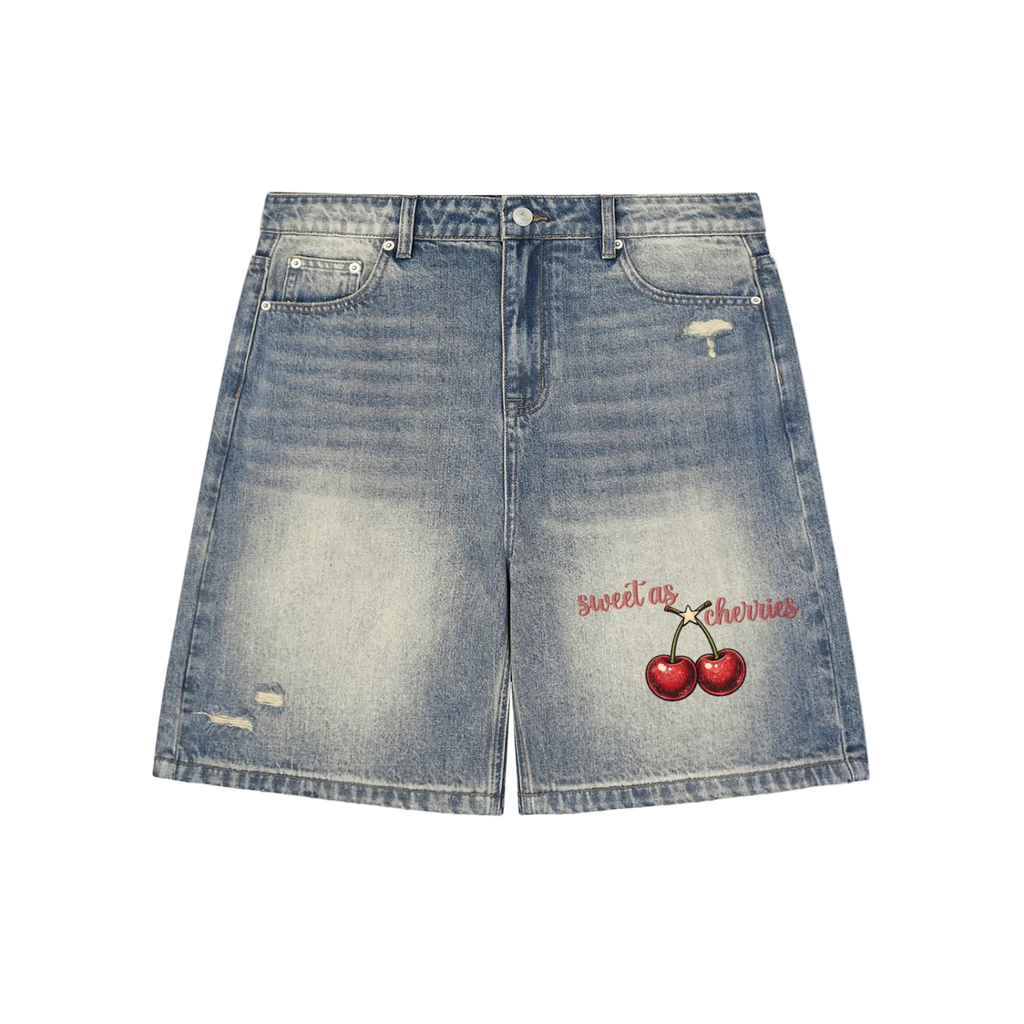 Cherries Faded Baggy Denim Shorts